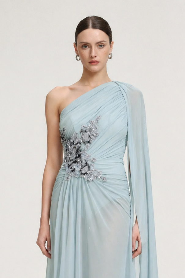 Kaylee Elegant Flowy One Shoulder Sequin Embroidered Ruched Mesh Maxi Dress