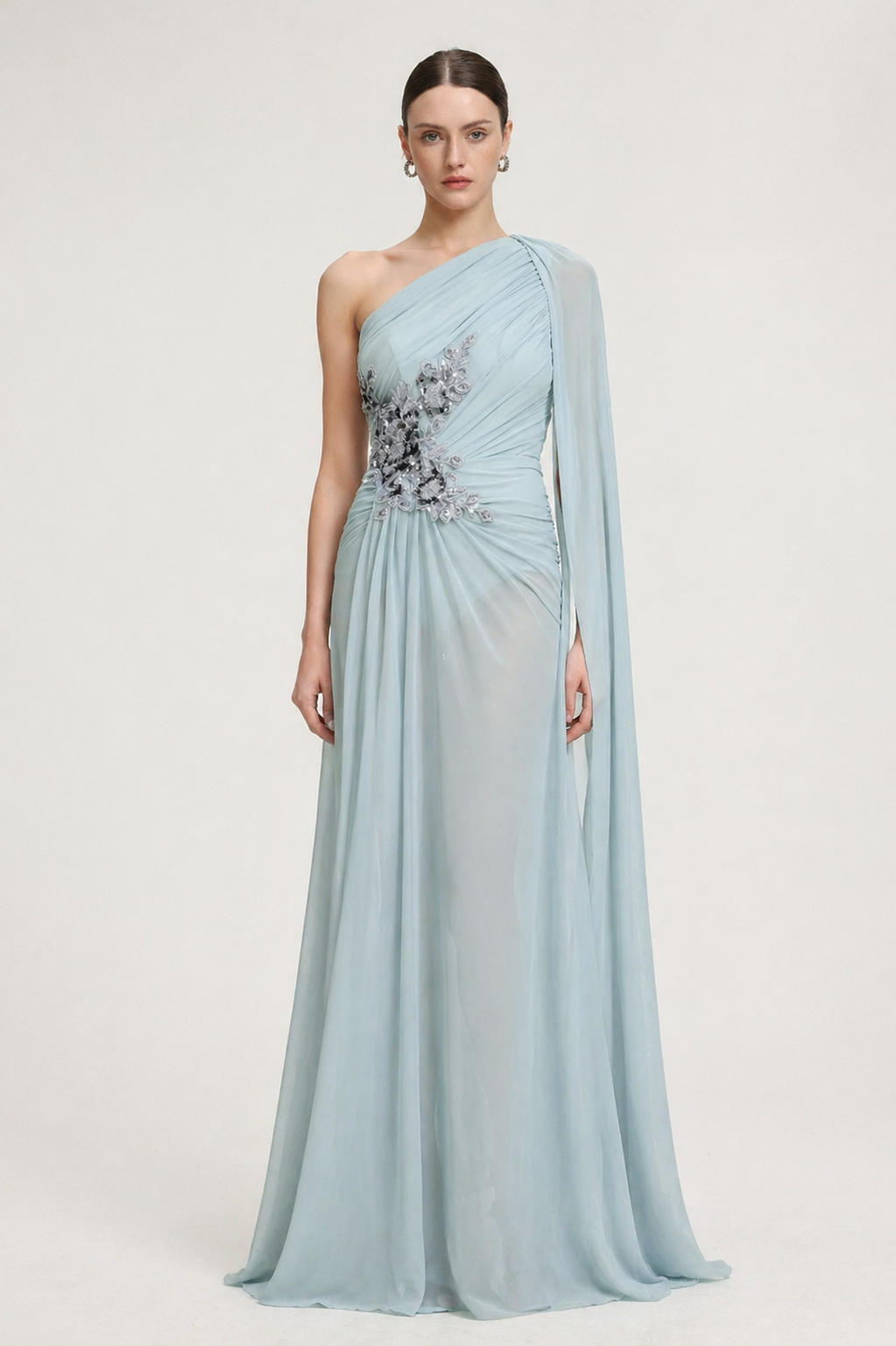 Kaylee Elegant Flowy One Shoulder Sequin Embroidered Ruched Mesh Maxi Dress