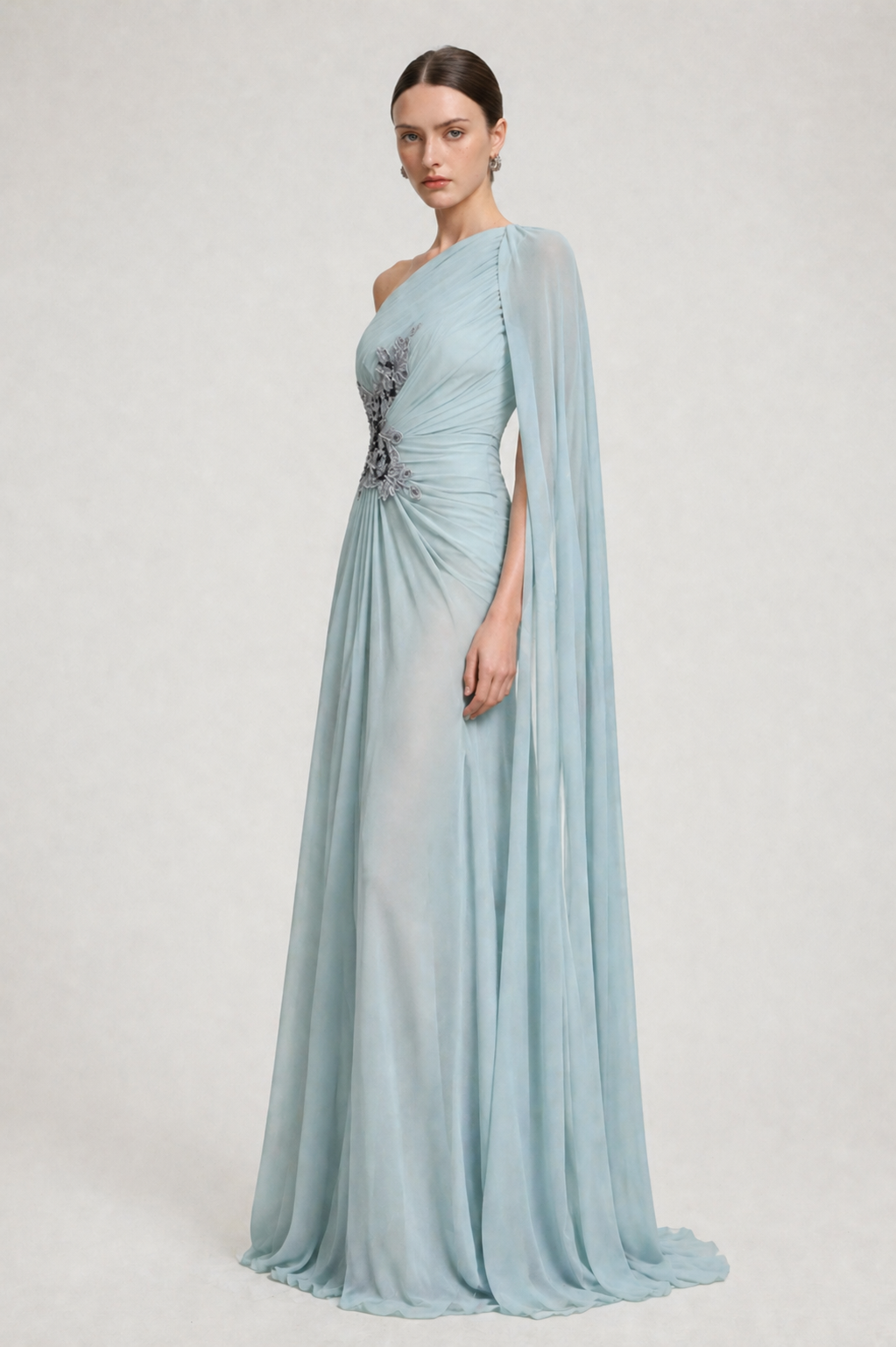 Kaylee Elegant Flowy One Shoulder Sequin Embroidered Ruched Mesh Maxi Dress