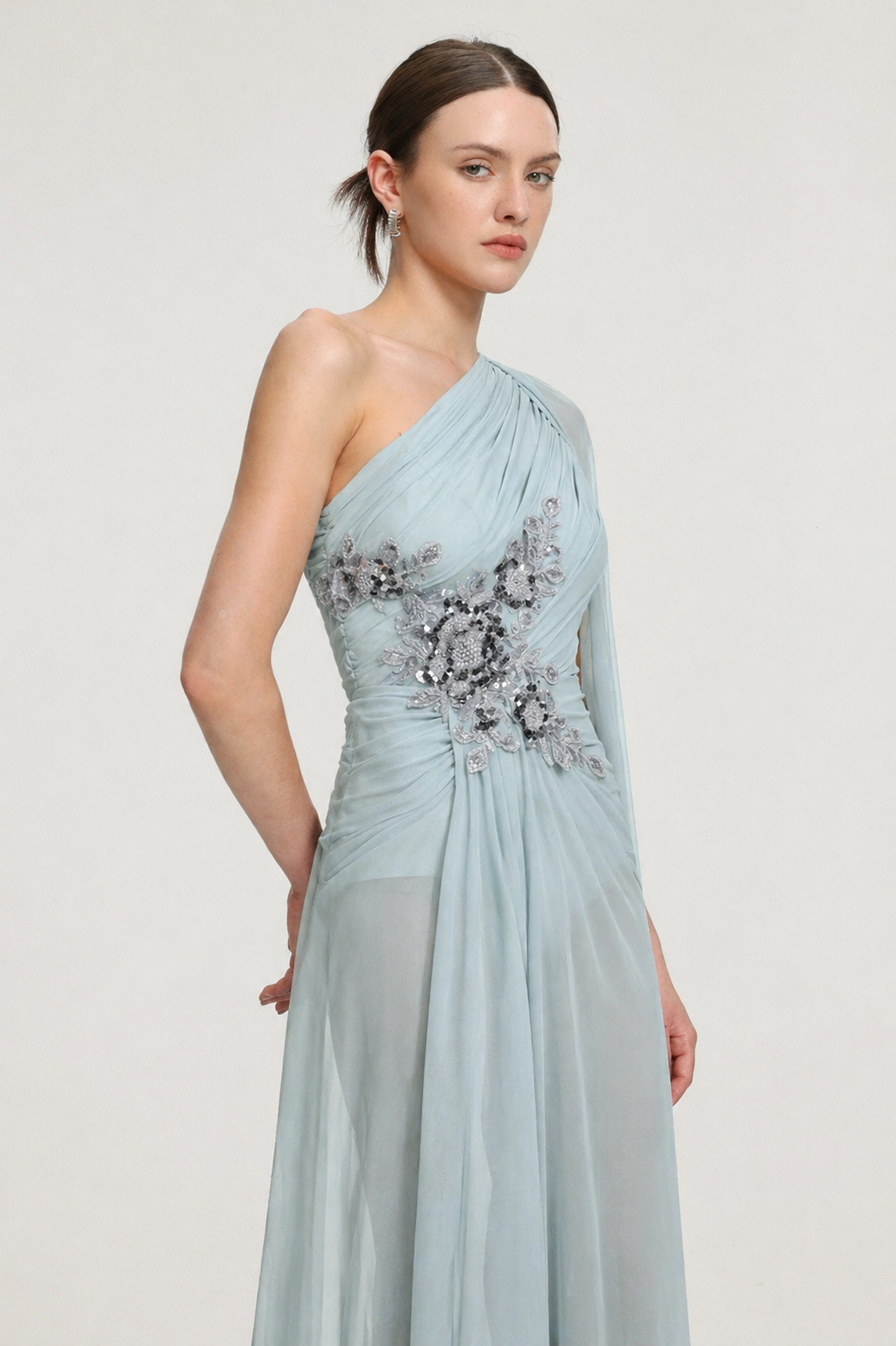 Kaylee Elegant Flowy One Shoulder Sequin Embroidered Ruched Mesh Maxi Dress