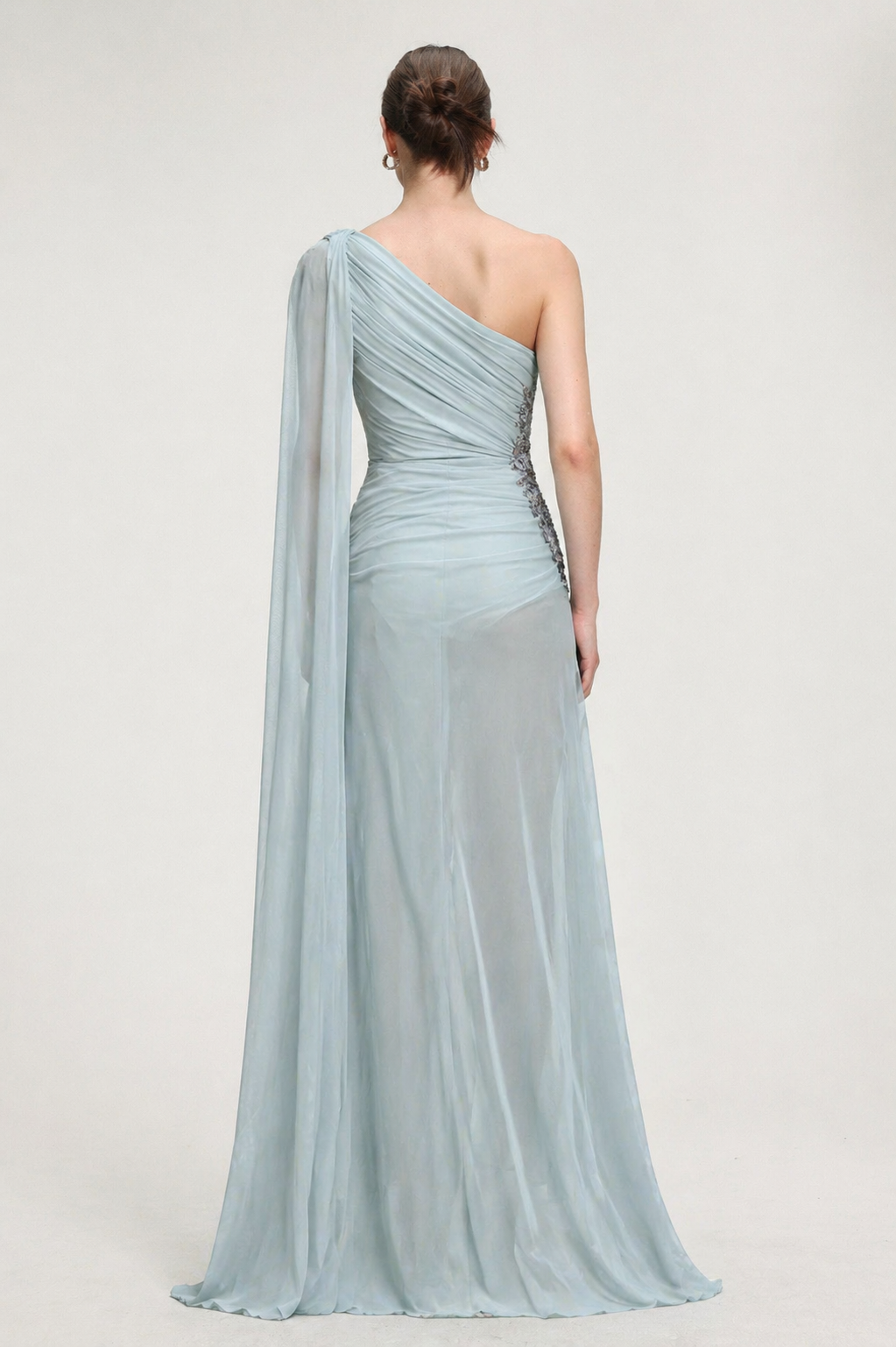 Kaylee Elegant Flowy One Shoulder Sequin Embroidered Ruched Mesh Maxi Dress