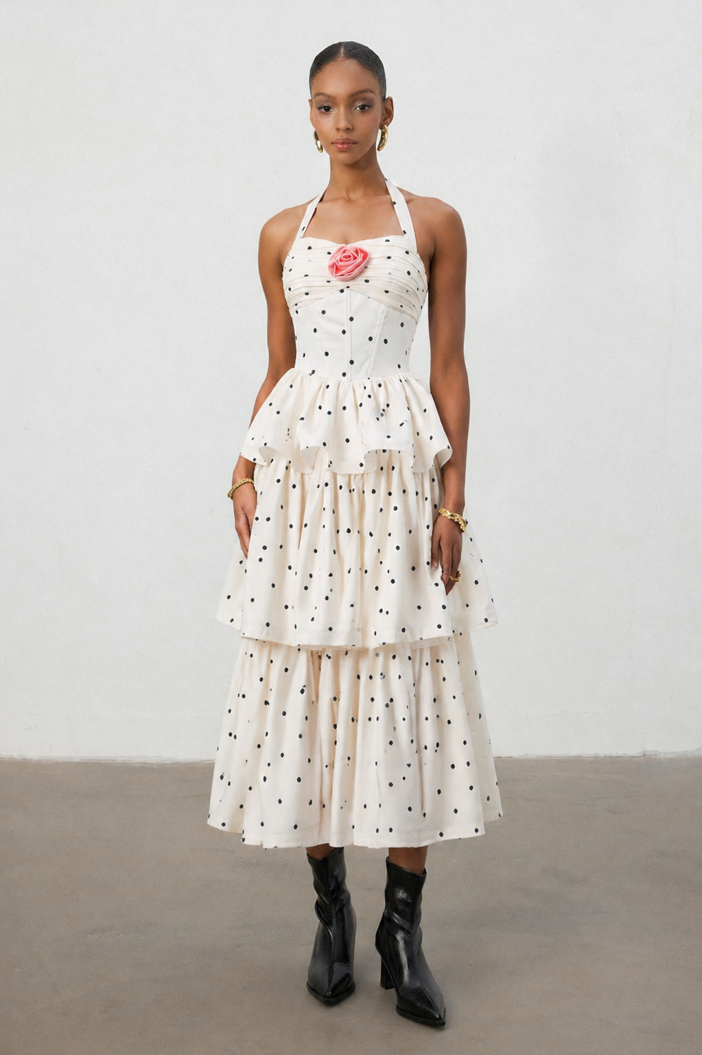 Sarai Romantic Tailored Halter Pleated Tiered Ruffle Polka Dot Maxi Dress