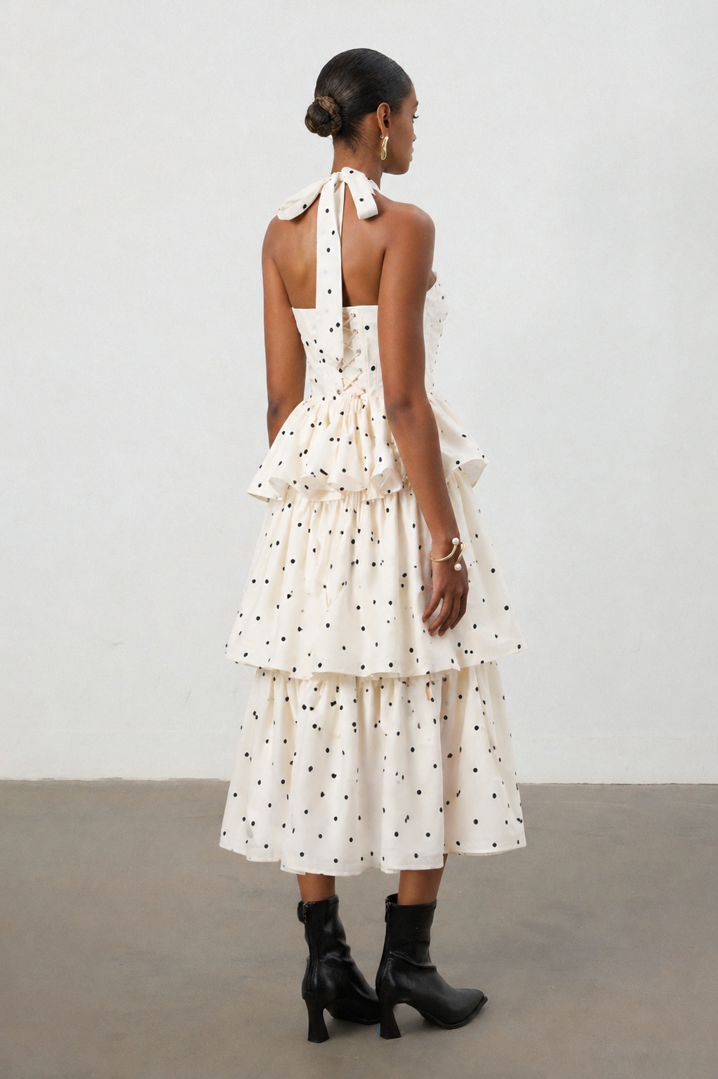 Sarai Romantic Tailored Halter Pleated Tiered Ruffle Polka Dot Maxi Dress