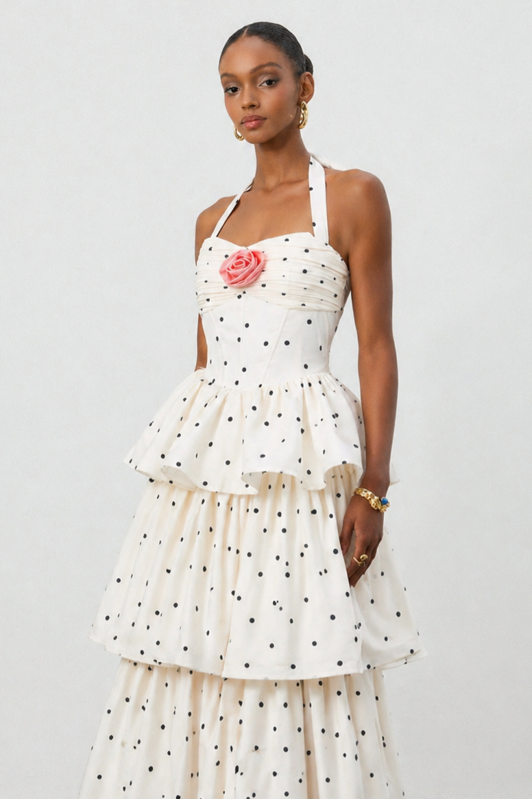 Sarai Romantic Tailored Halter Pleated Tiered Ruffle Polka Dot Maxi Dress