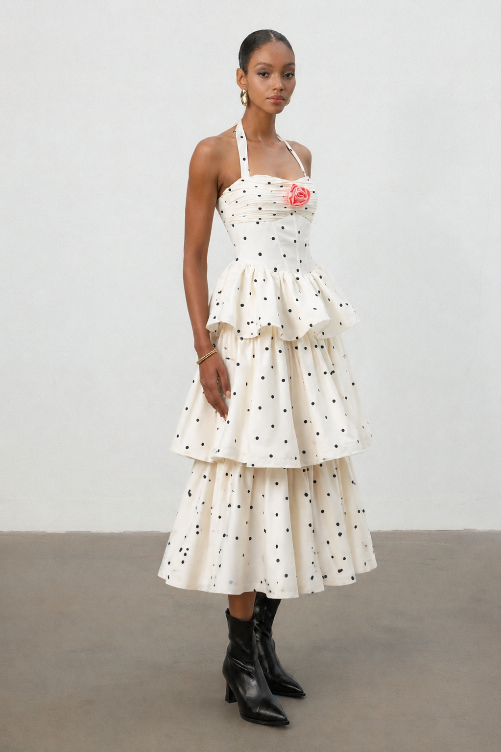 Sarai Romantic Tailored Halter Pleated Tiered Ruffle Polka Dot Maxi Dress