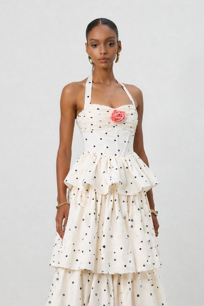 Sarai Romantic Tailored Halter Pleated Tiered Ruffle Polka Dot Maxi Dress