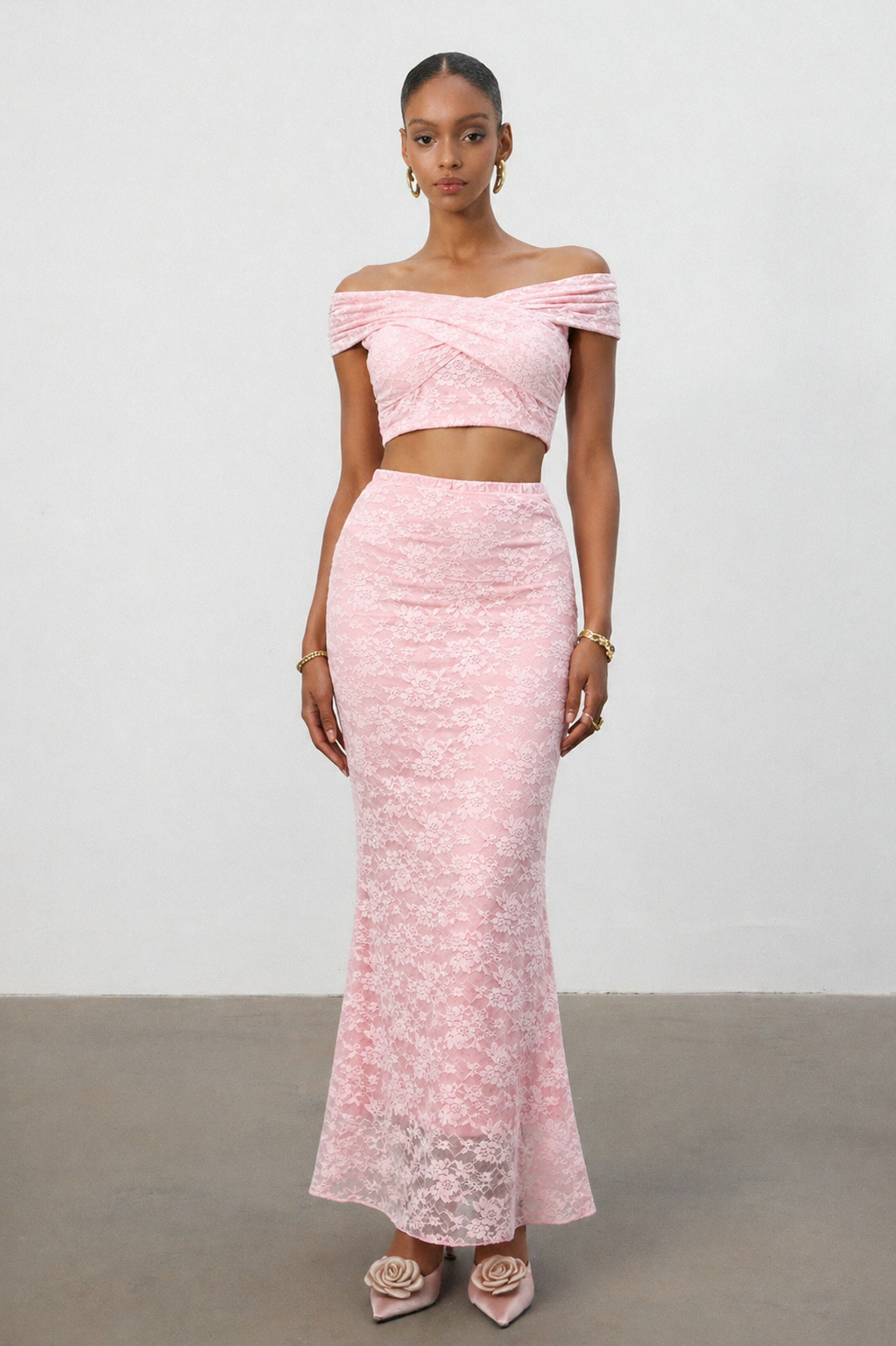 Isabeau Romantic Contour Off Shoulder Cut Out Ruched Lace Top and Skirt Set