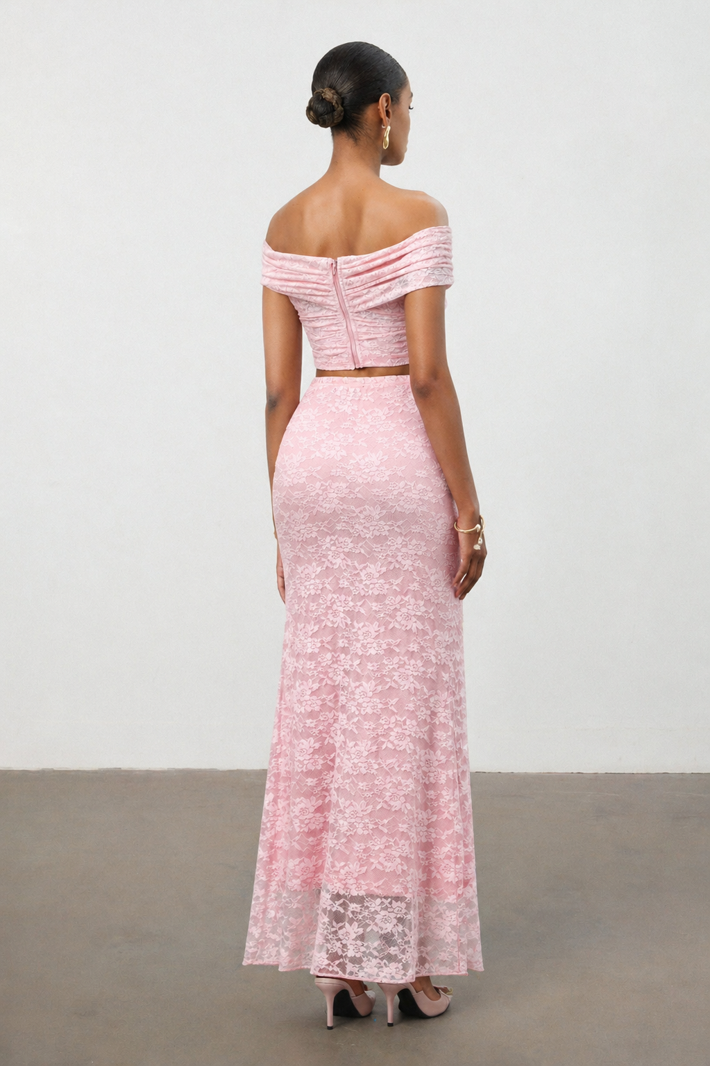 Isabeau Romantic Contour Off Shoulder Cut Out Ruched Lace Top and Skirt Set