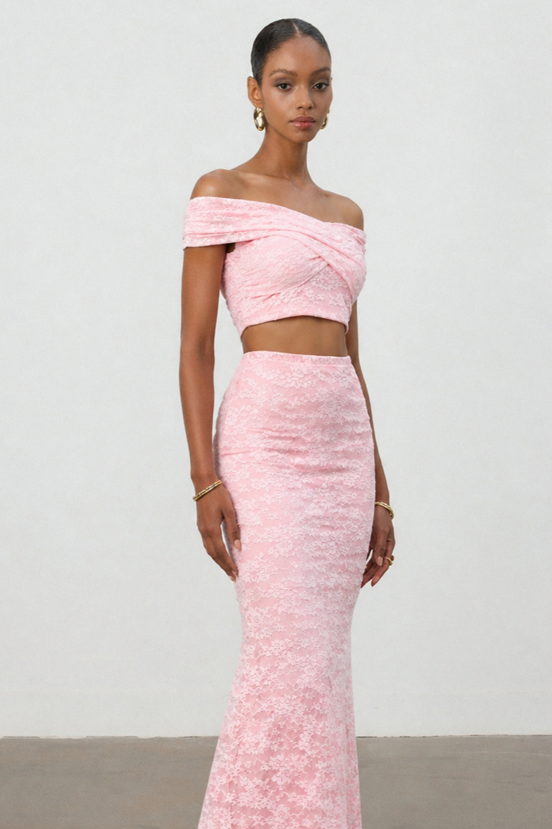 Isabeau Romantic Contour Off Shoulder Cut Out Ruched Lace Top and Skirt Set