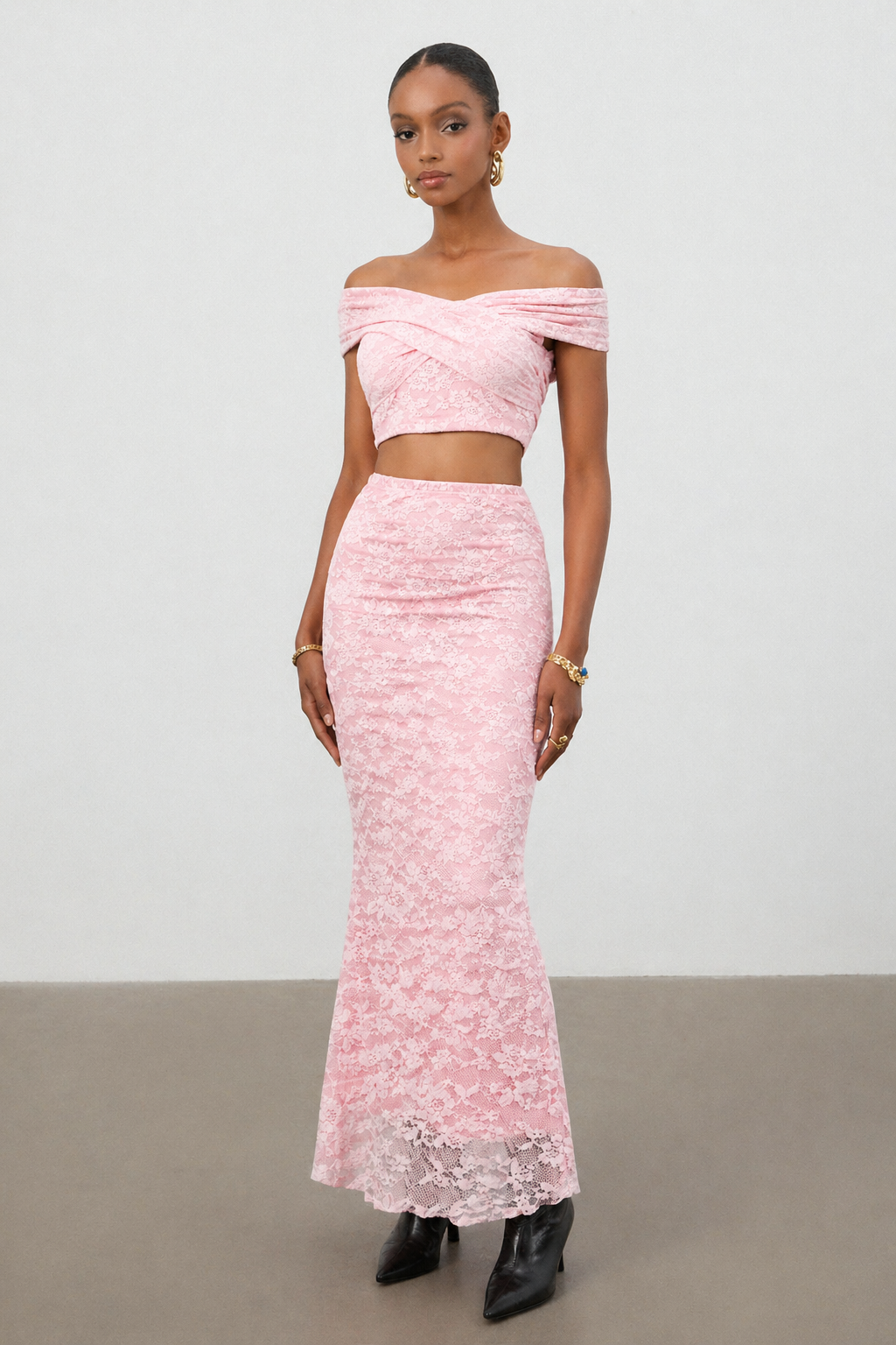 Isabeau Romantic Contour Off Shoulder Cut Out Ruched Lace Top and Skirt Set