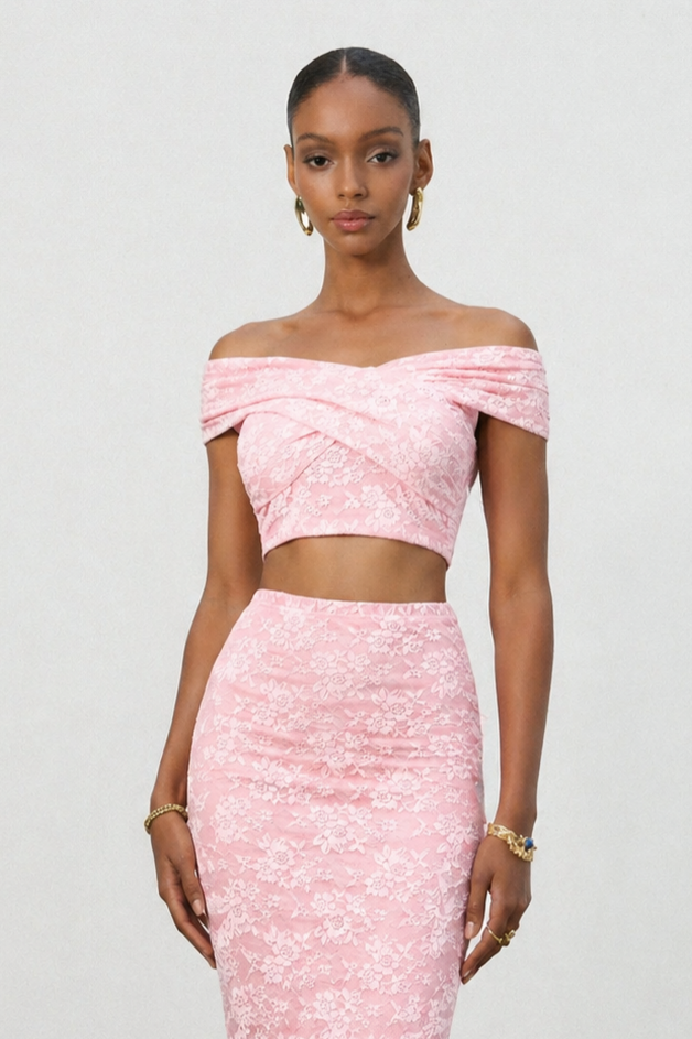 Isabeau Romantic Contour Off Shoulder Cut Out Ruched Lace Top and Skirt Set