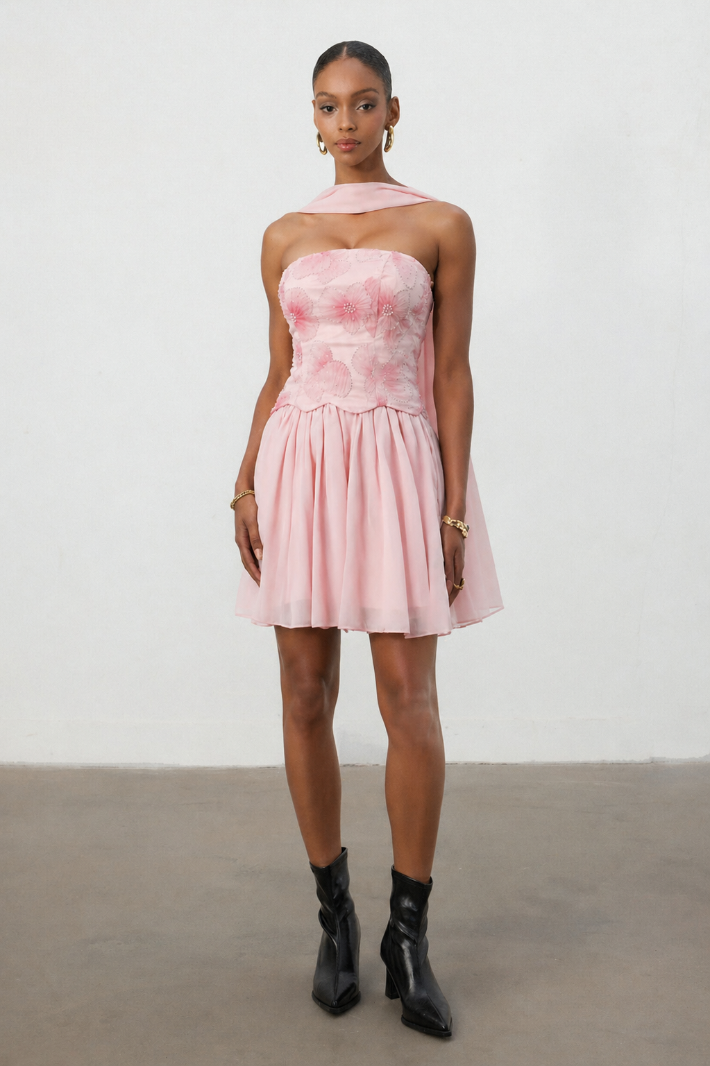 Sharlot Romantic Flowy Strapless Scarf Floral Mini Dress