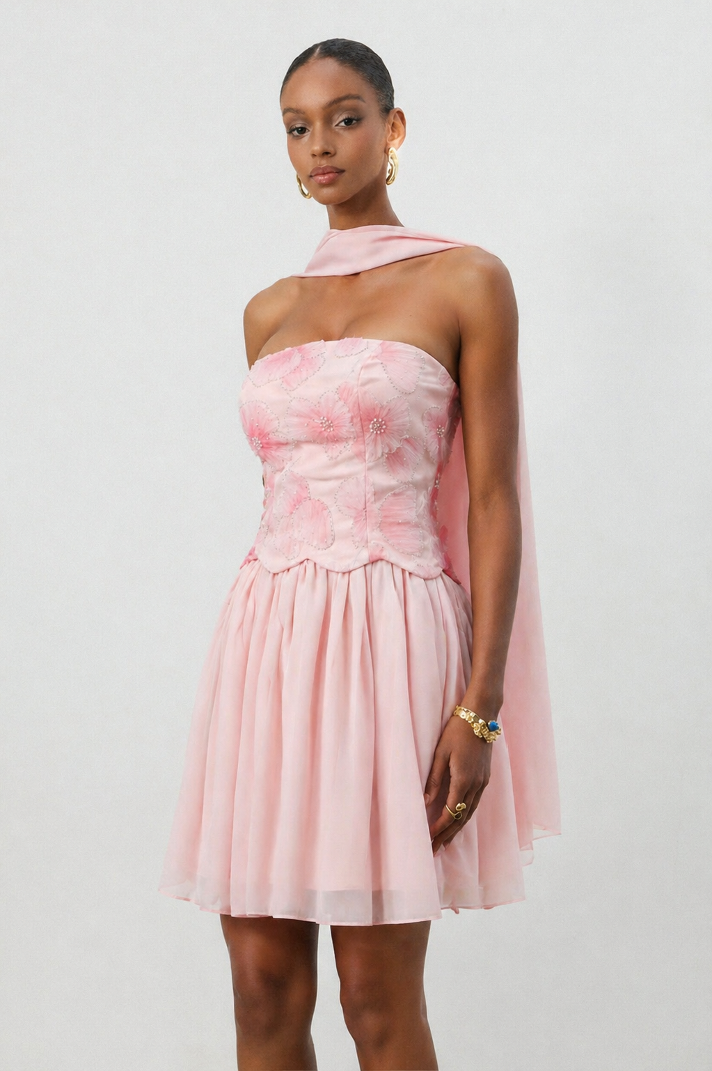 Sharlot Romantic Flowy Strapless Scarf Floral Mini Dress