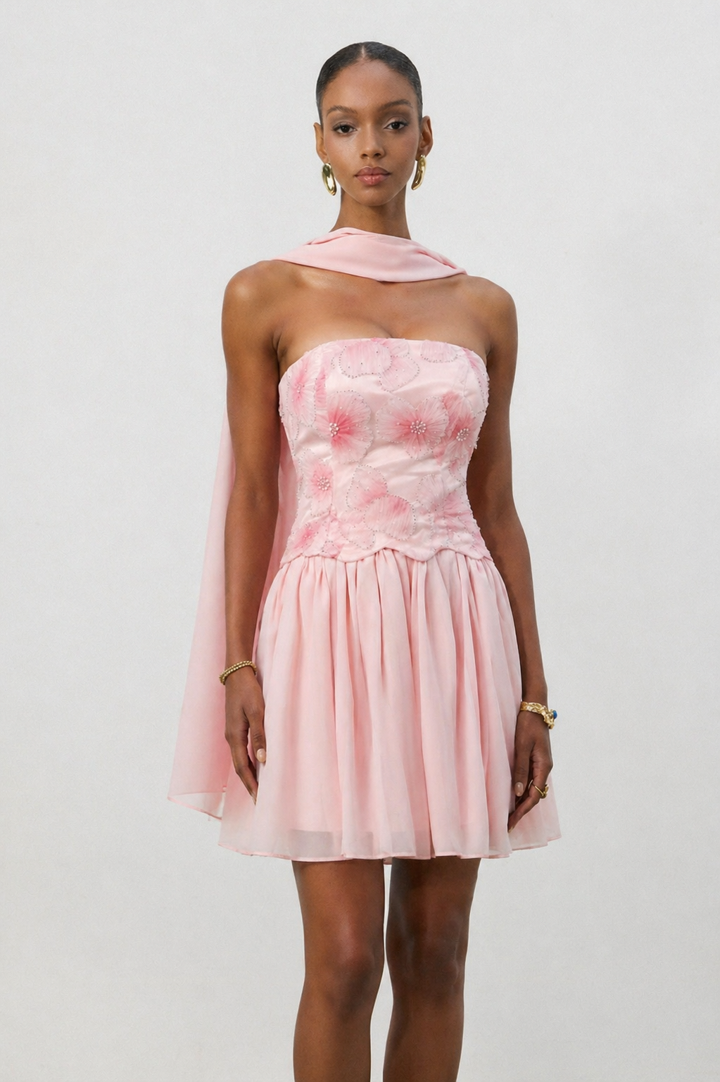 Sharlot Romantic Flowy Strapless Scarf Floral Mini Dress