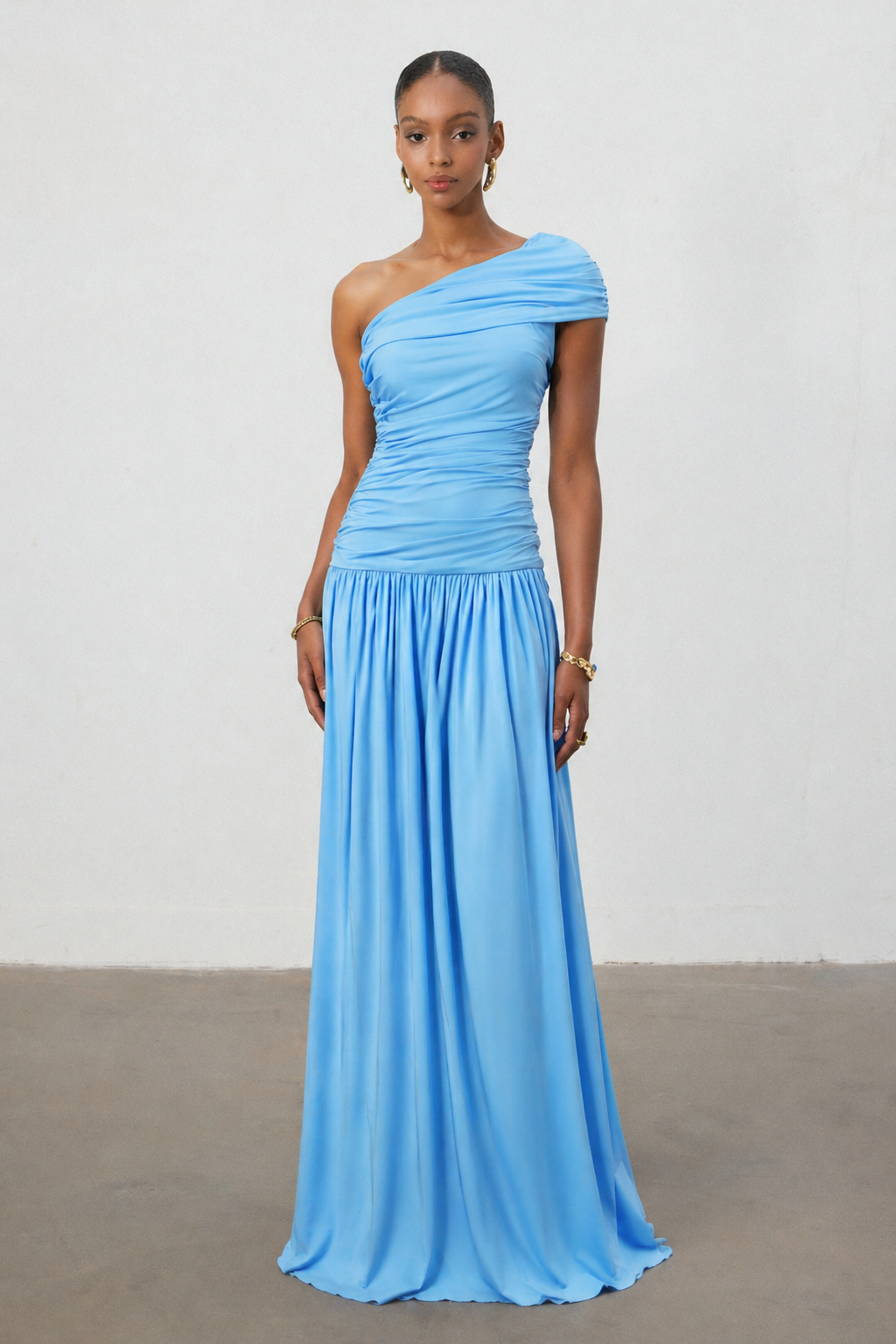 Gamora Elegant Contour One Shoulder Ruched Maxi Dress