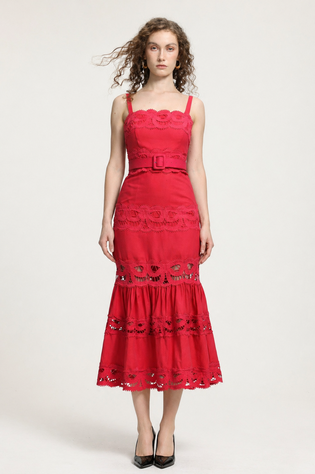 Giada Romantic Tailored Sleeveless Belted Lace Woven Red Maxi Dress