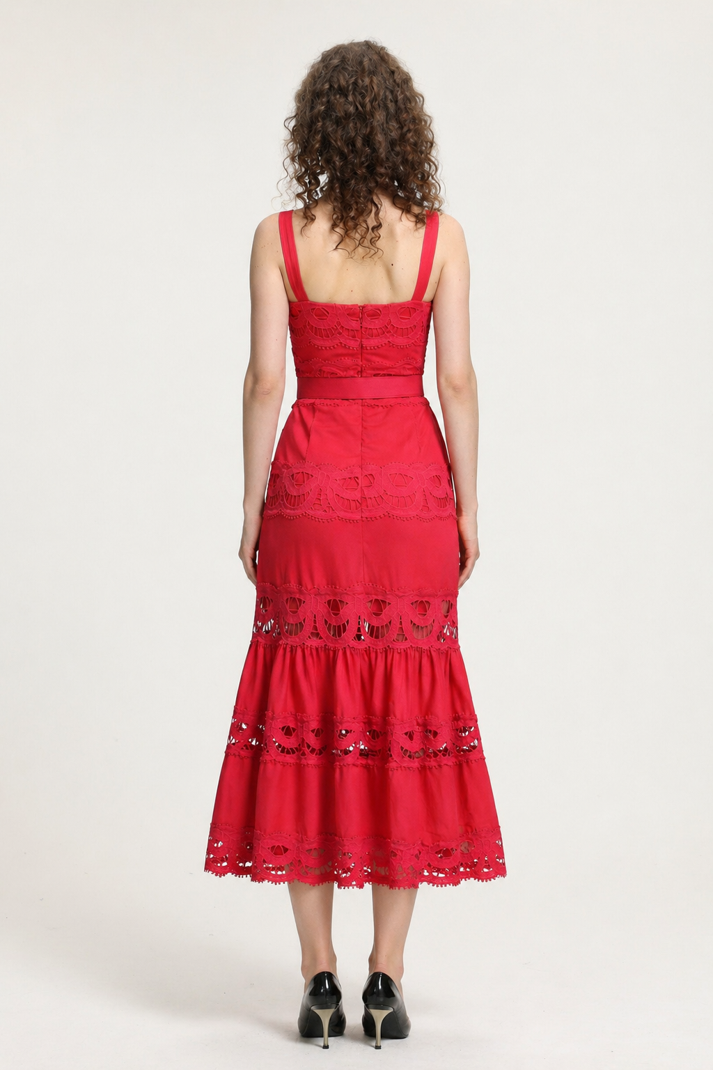 Giada Romantic Tailored Sleeveless Belted Lace Woven Red Maxi Dress