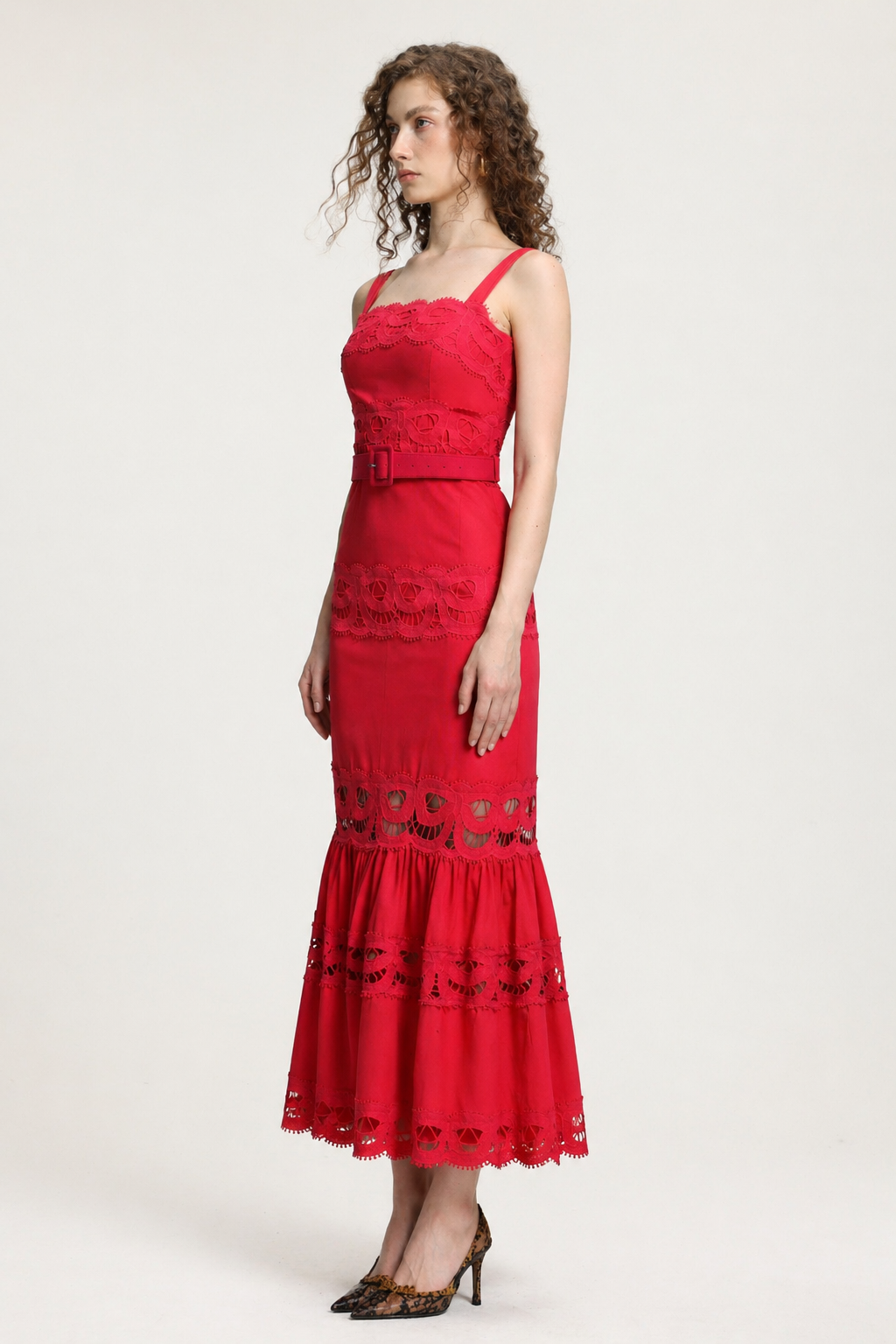 Giada Romantic Tailored Sleeveless Belted Lace Woven Red Maxi Dress