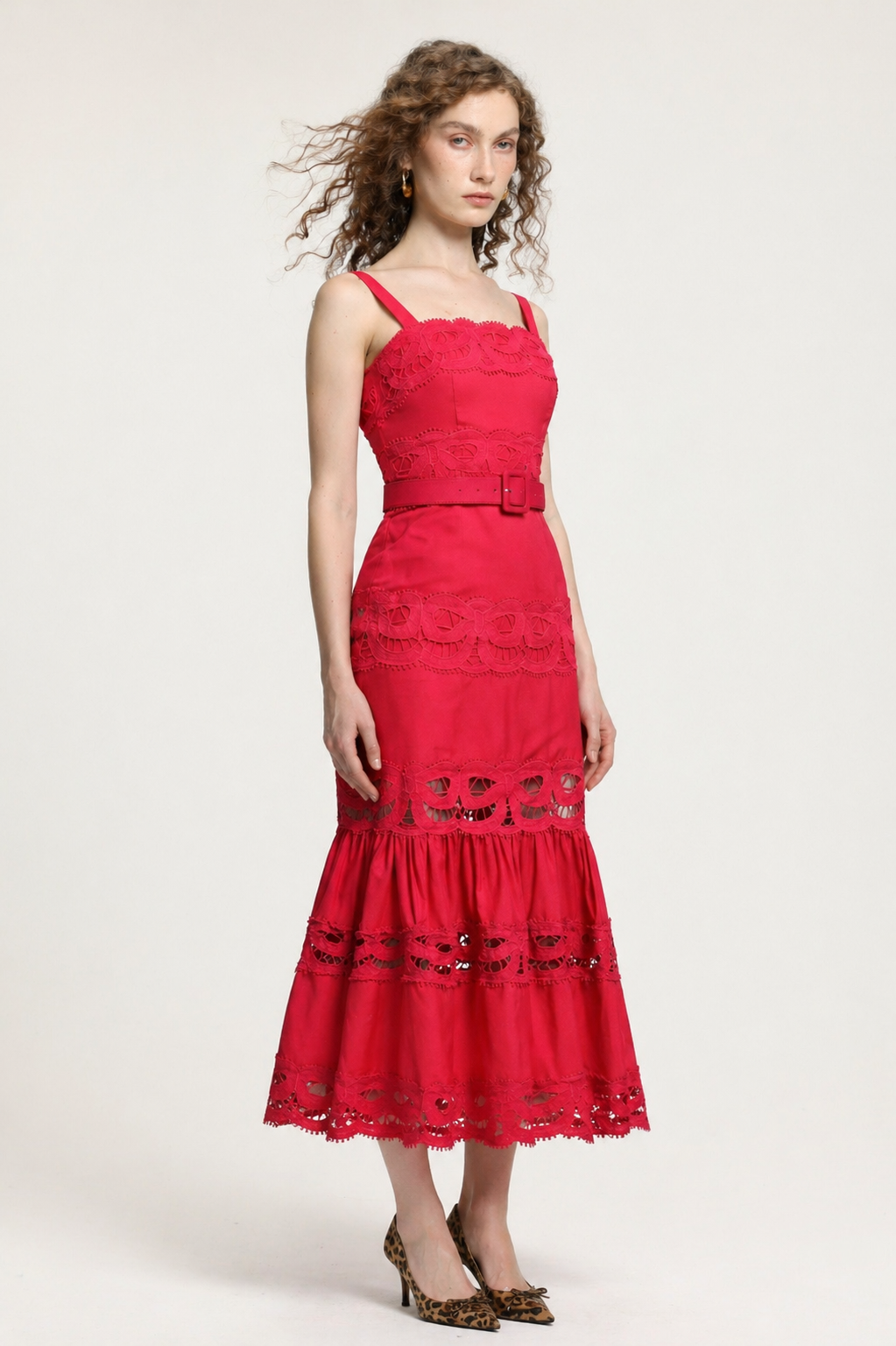 Giada Romantic Tailored Sleeveless Belted Lace Woven Red Maxi Dress