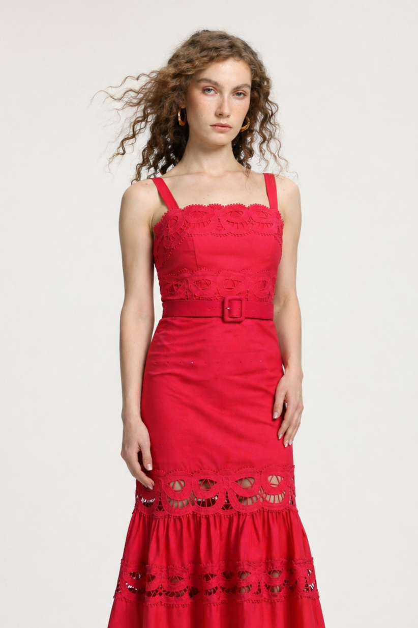 Giada Romantic Tailored Sleeveless Belted Lace Woven Red Maxi Dress