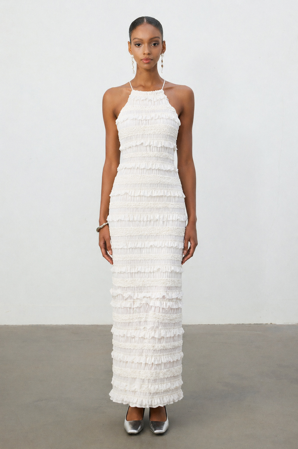 Lexi Elegant Contour Halter Ruched Ruffle Maxi Dress