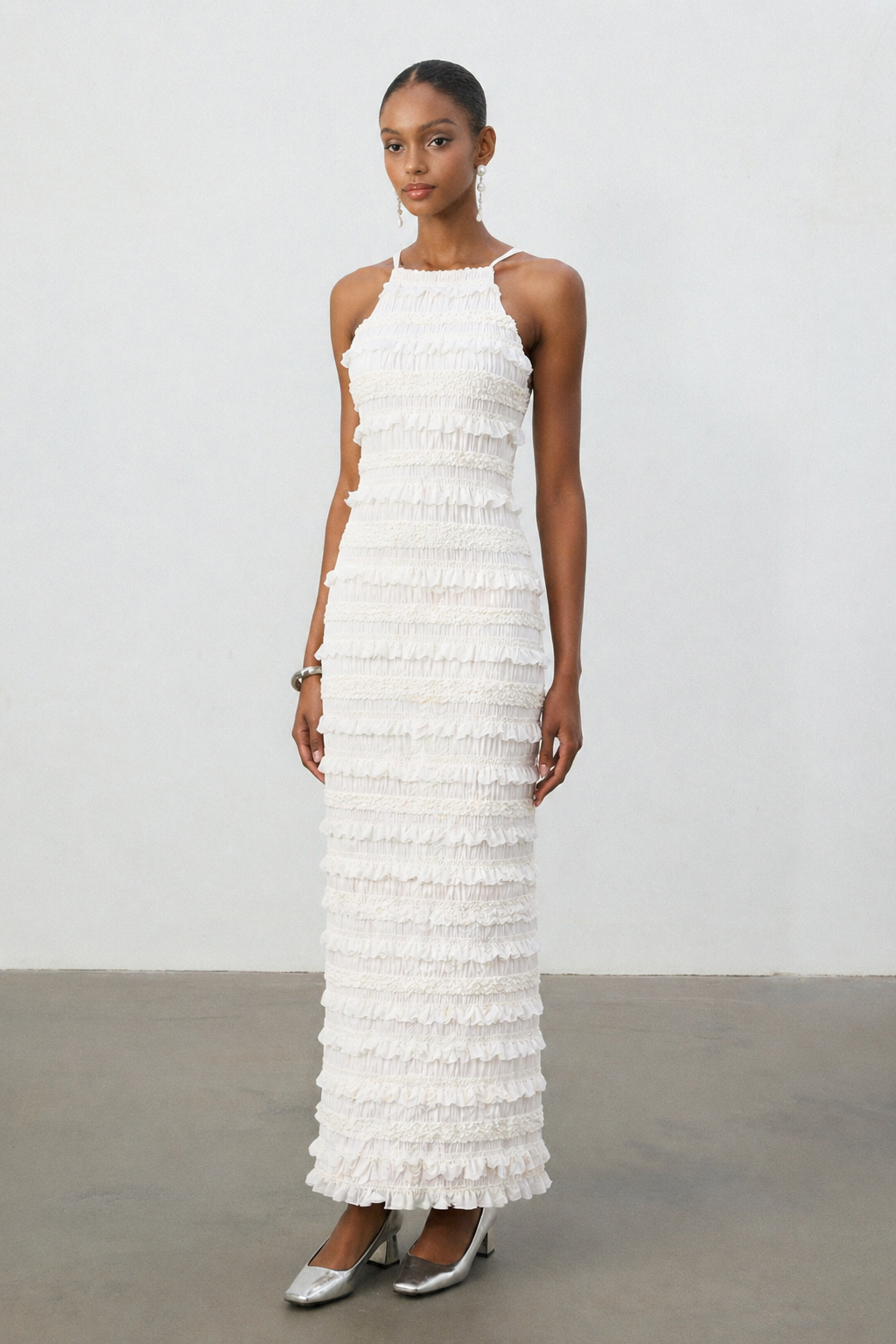 Lexi Elegant Contour Halter Ruched Ruffle Maxi Dress