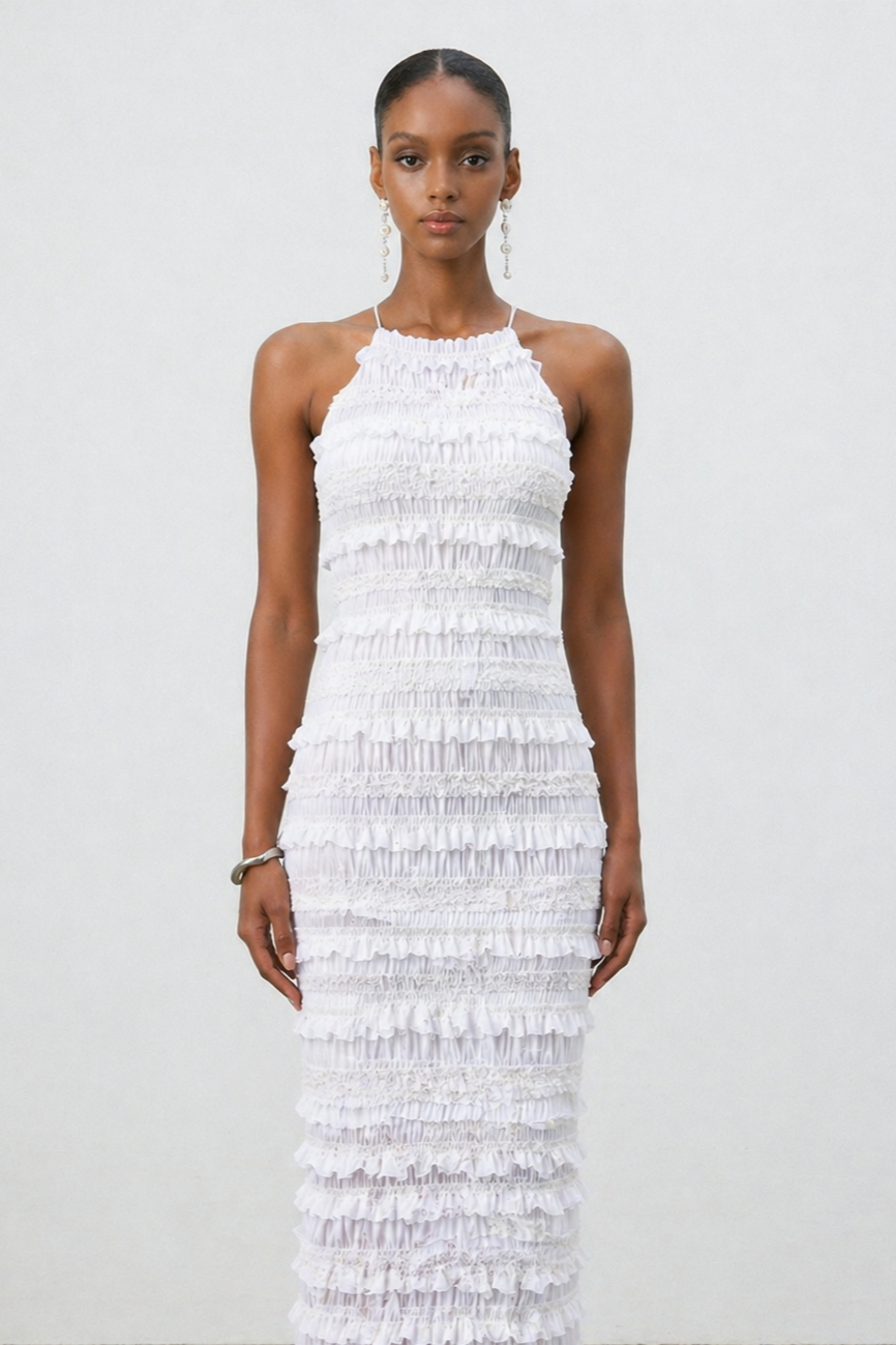 Lexi Elegant Contour Halter Ruched Ruffle Maxi Dress