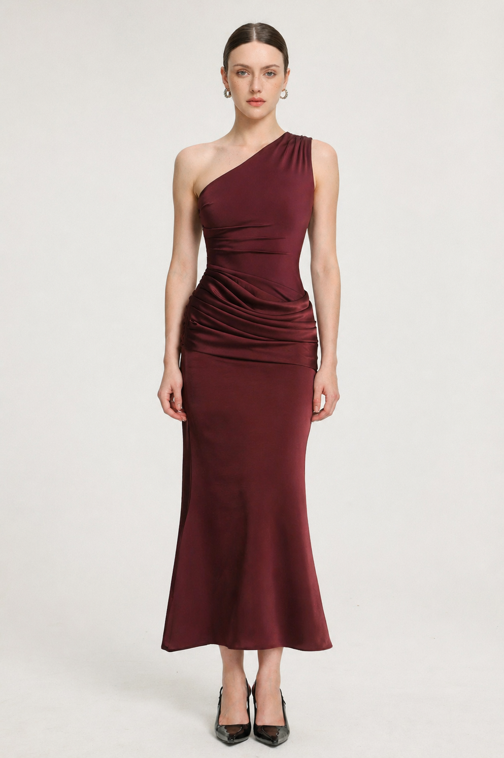 Suky Elegant Contour One Shoulder Pleated Satin Maxi Dress