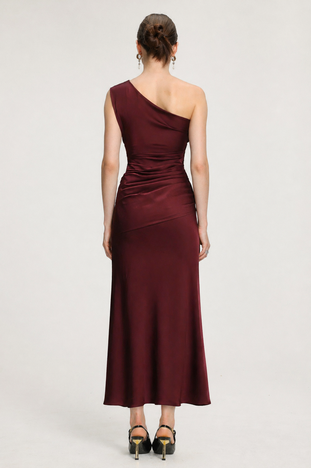 Suky Elegant Contour One Shoulder Pleated Satin Maxi Dress