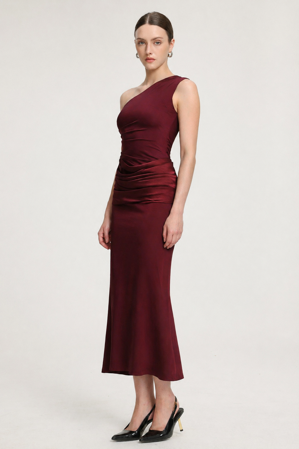 Suky Elegant Contour One Shoulder Pleated Satin Maxi Dress