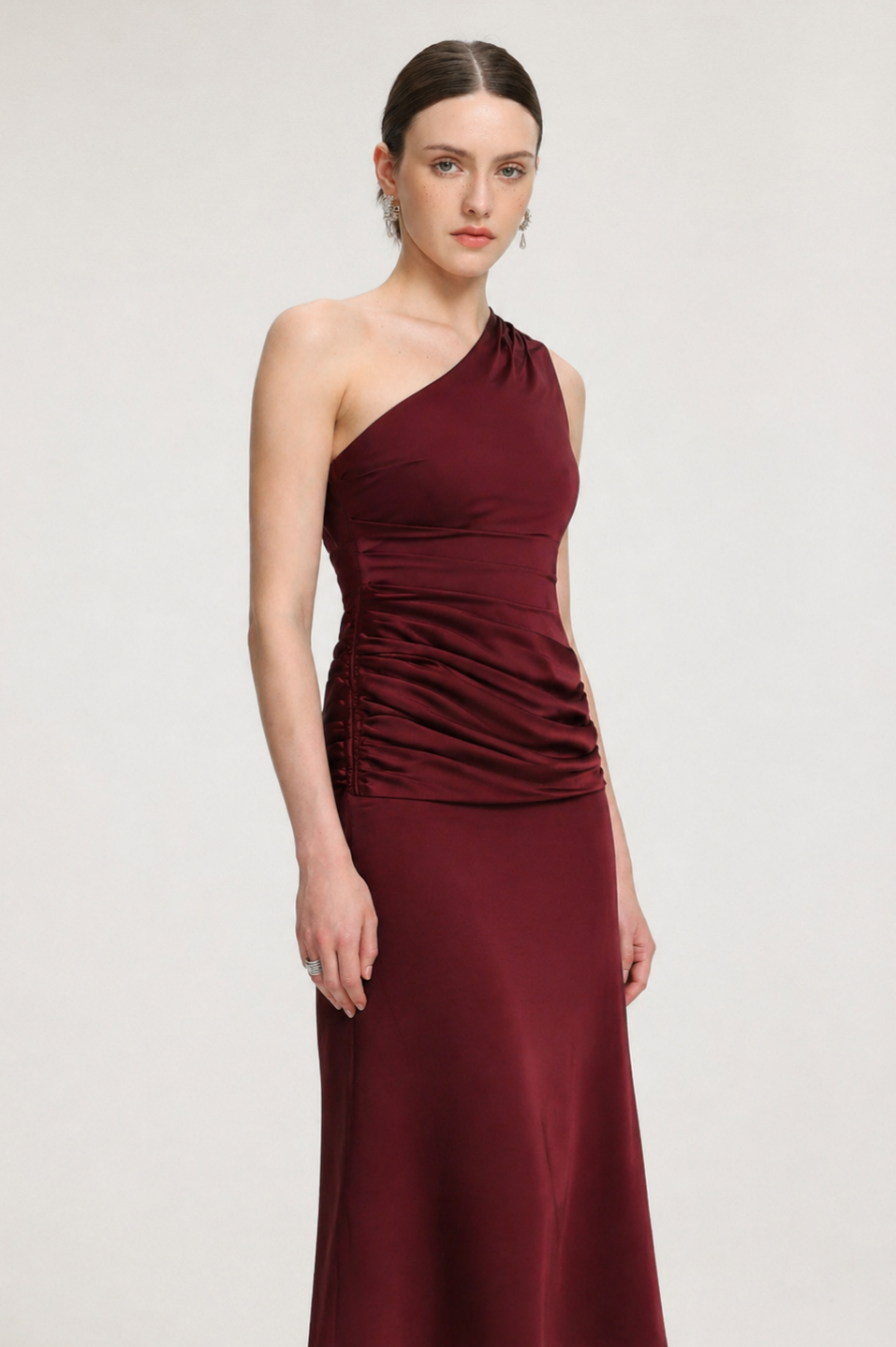 Suky Elegant Contour One Shoulder Pleated Satin Maxi Dress