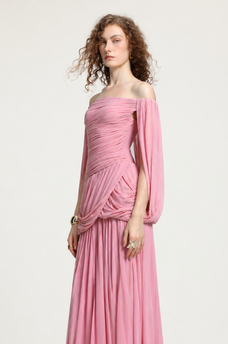 Yauia Romantic Contour Off Shoulder Ruched Maxi Dress