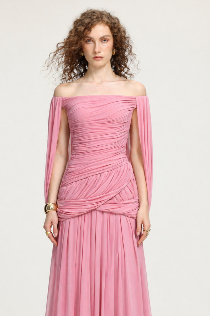 Yauia Romantic Contour Off Shoulder Ruched Maxi Dress