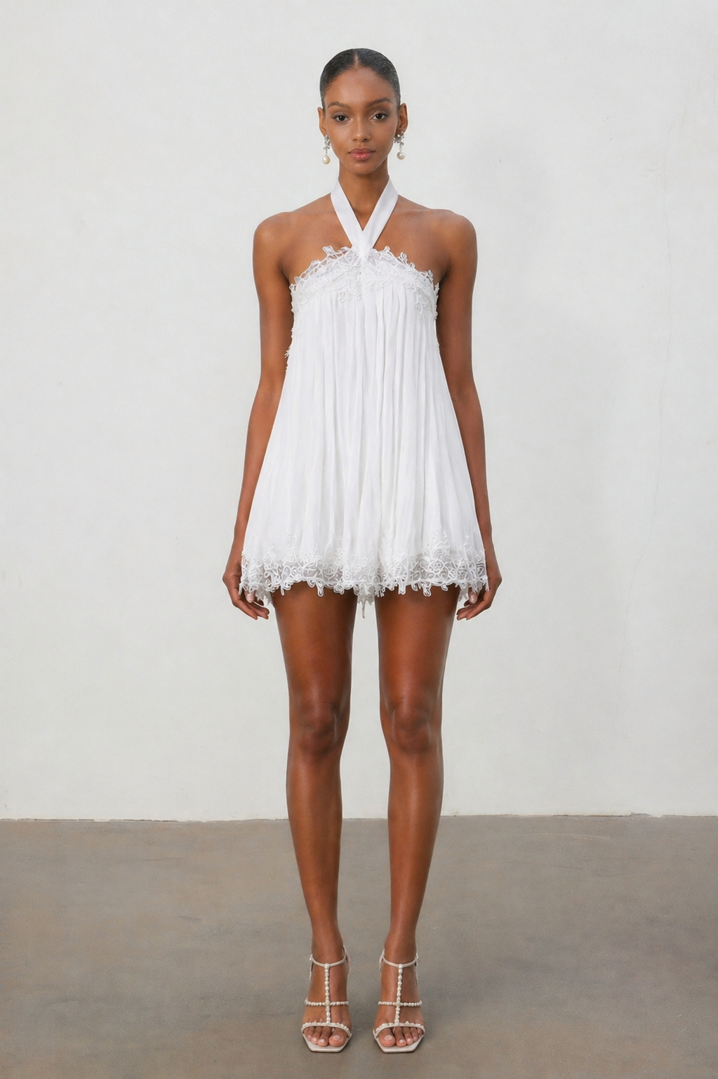 Liaka Chic Flowy Halter Pleated Lace Chiffon Mini Dress
