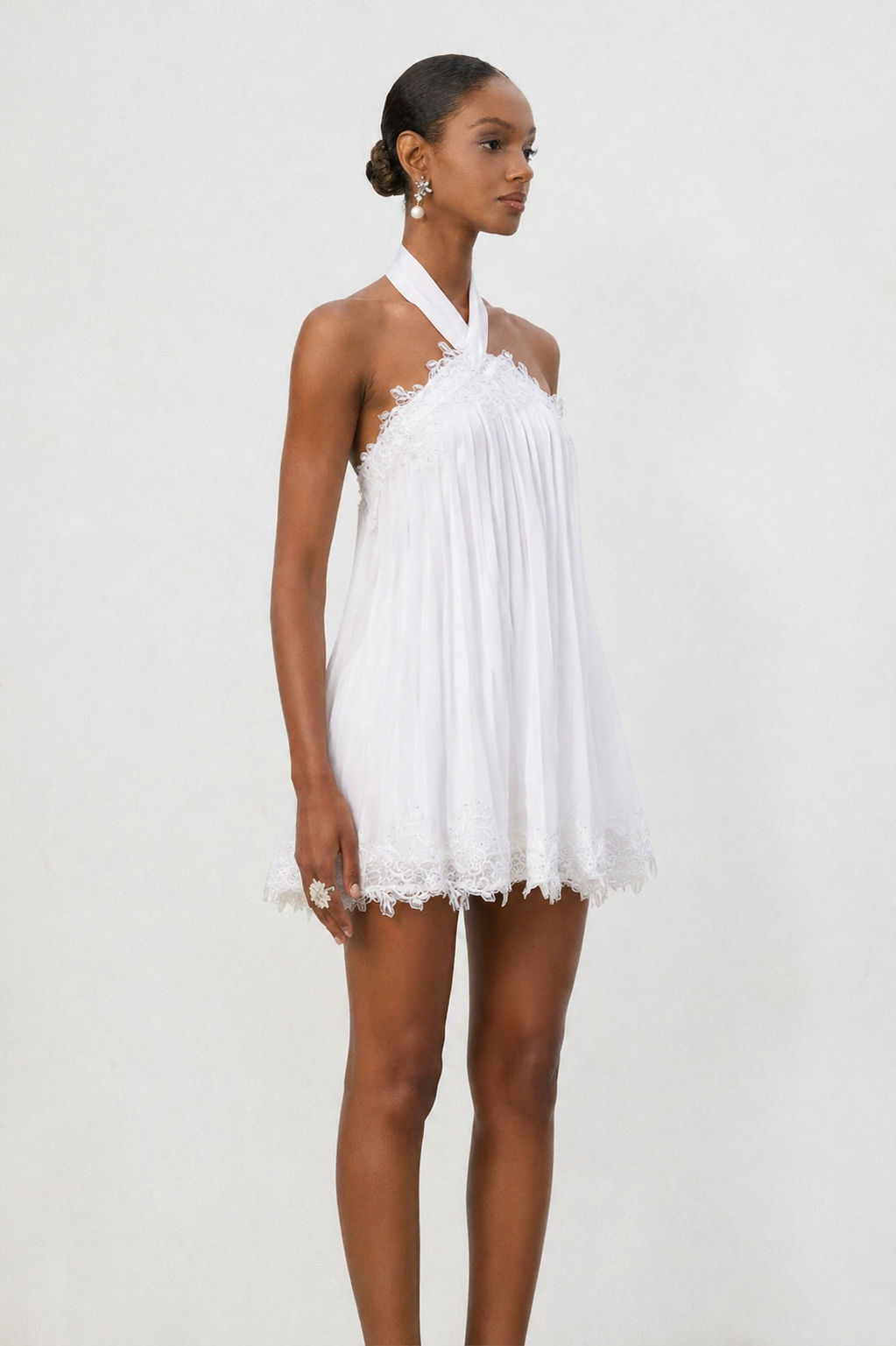 Liaka Chic Flowy Halter Pleated Lace Chiffon Mini Dress