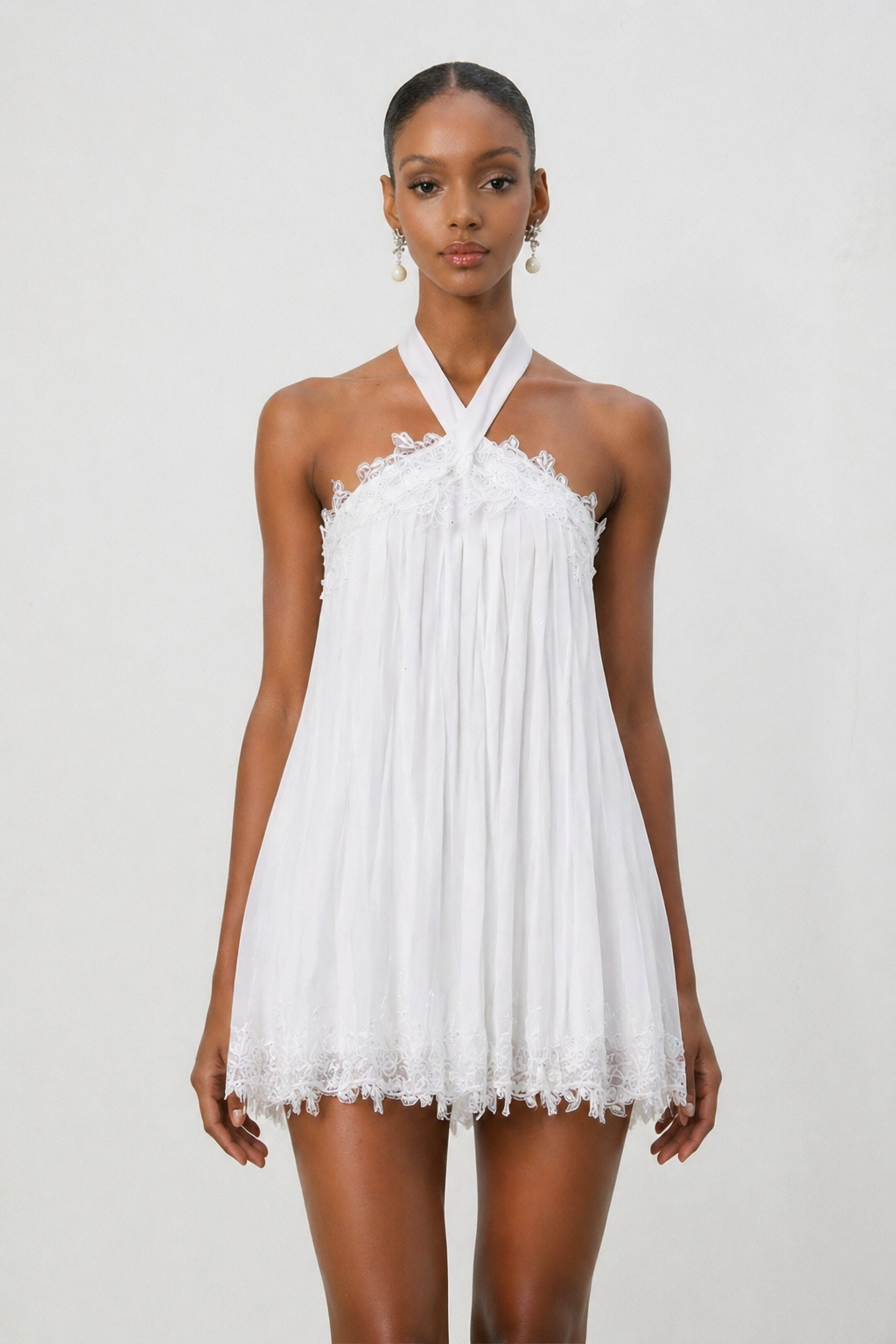 Liaka Chic Flowy Halter Pleated Lace Chiffon Mini Dress