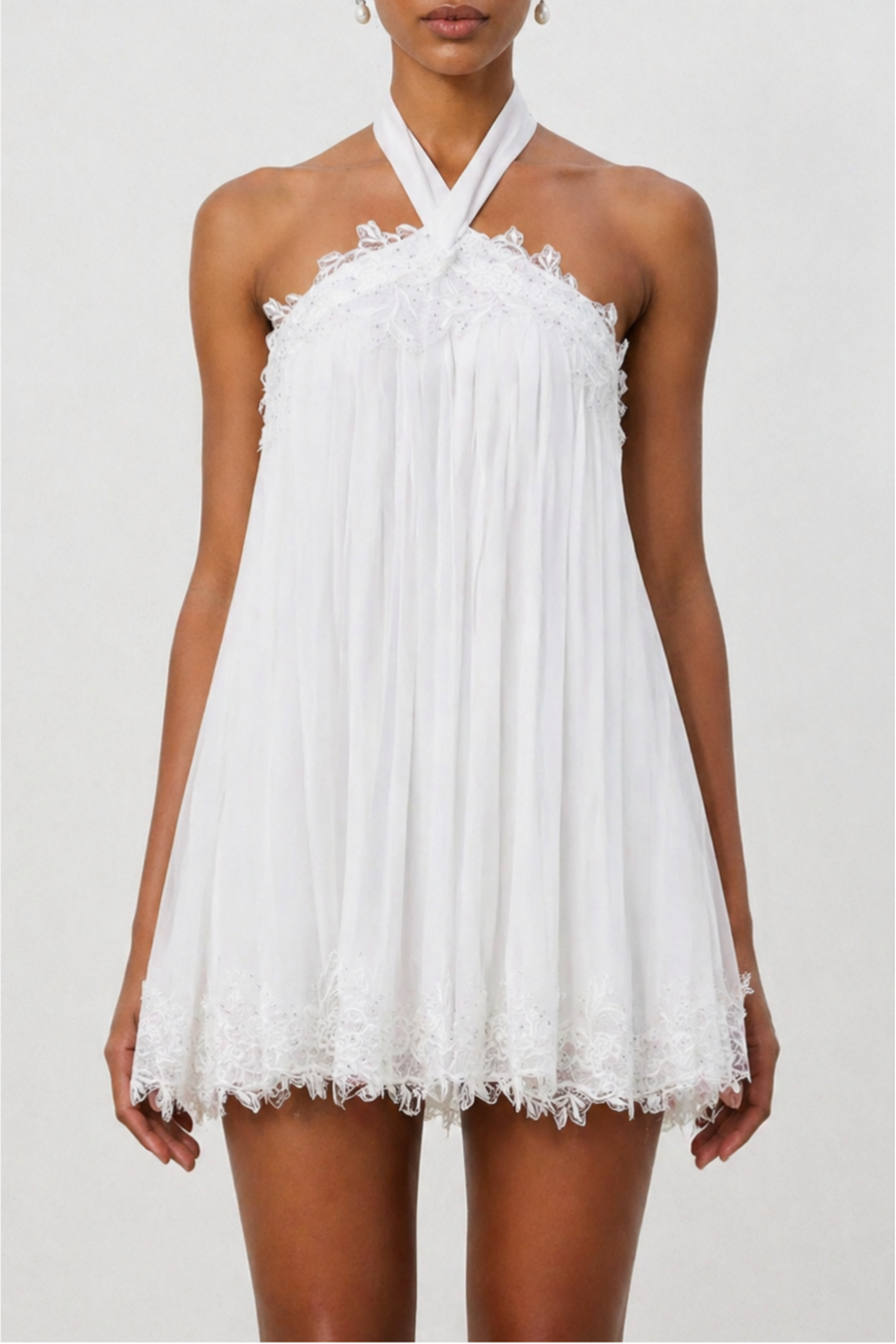 Liaka Chic Flowy Halter Pleated Lace Chiffon Mini Dress