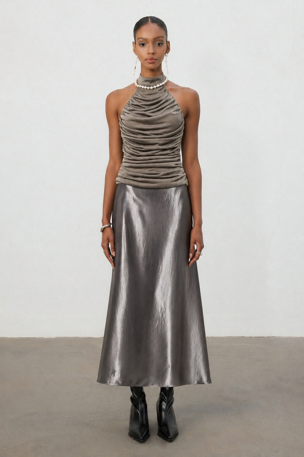 Sharian Chic Contour Halter Ruched Satin Top and Skirt Set