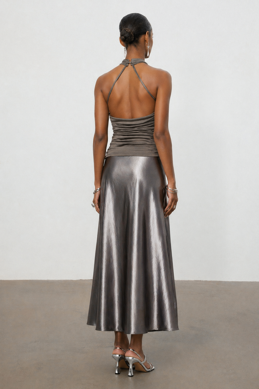 Sharian Chic Contour Halter Ruched Satin Top and Skirt Set