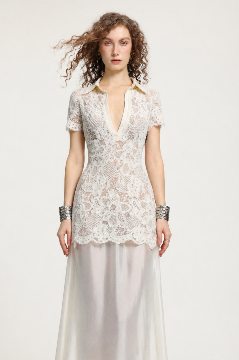 Locia Elegant Contour Buttoned Short Sleeve Lace Top and Satin Skirt