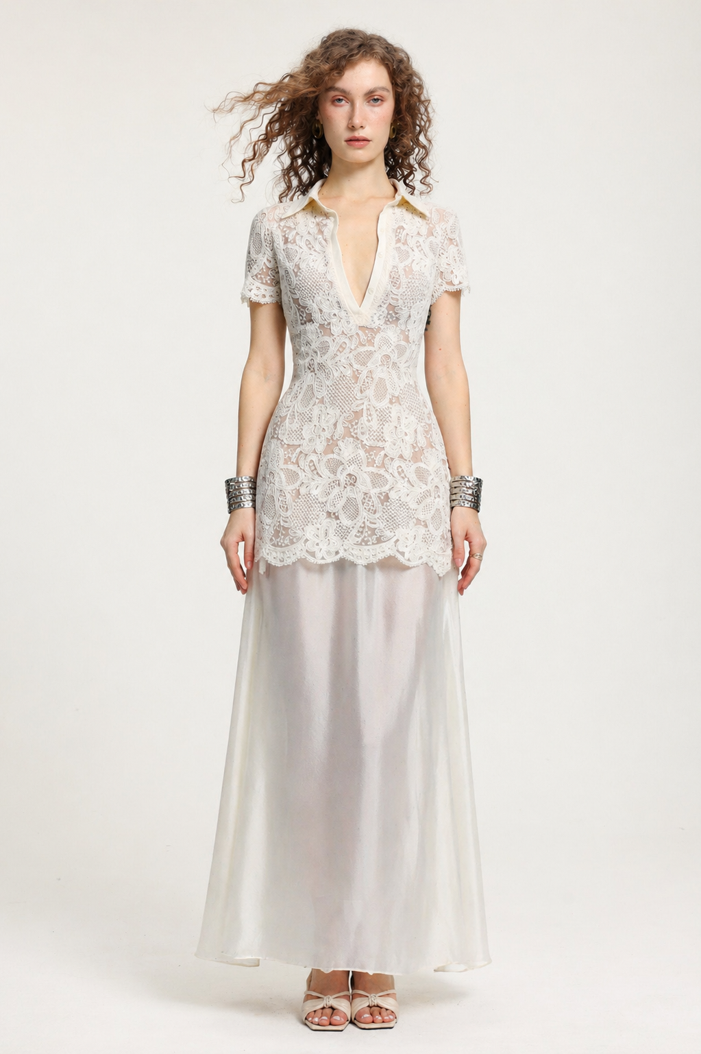 Locia Elegant Contour Buttoned Short Sleeve Lace Top and Satin Skirt