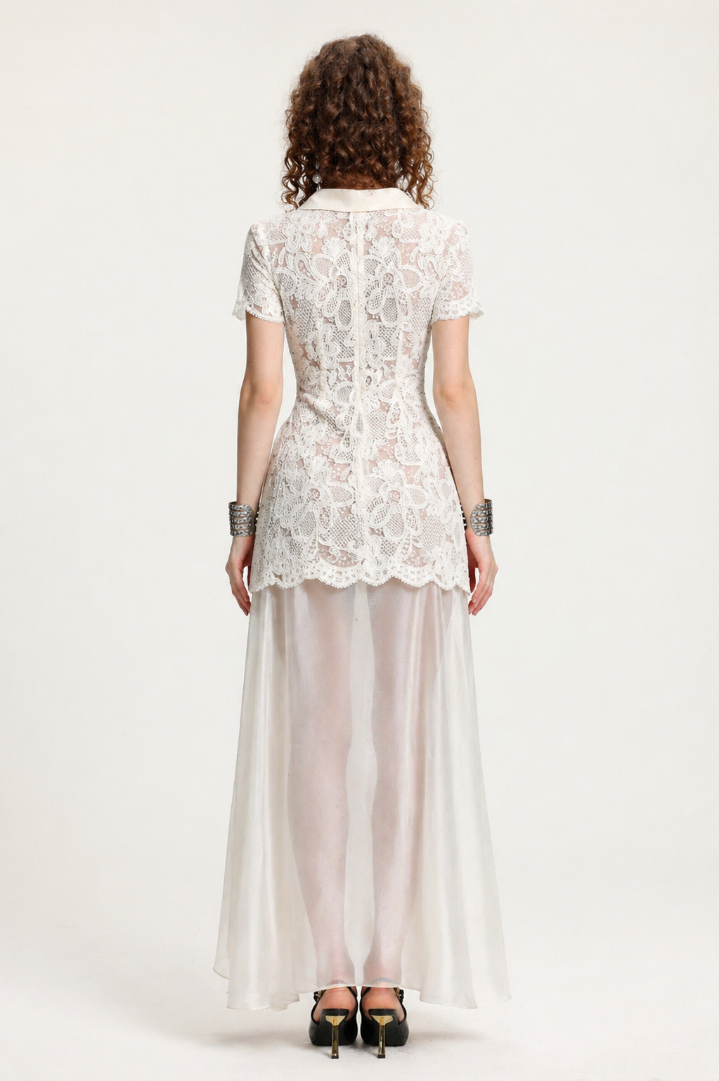Locia Elegant Contour Buttoned Short Sleeve Lace Top and Satin Skirt