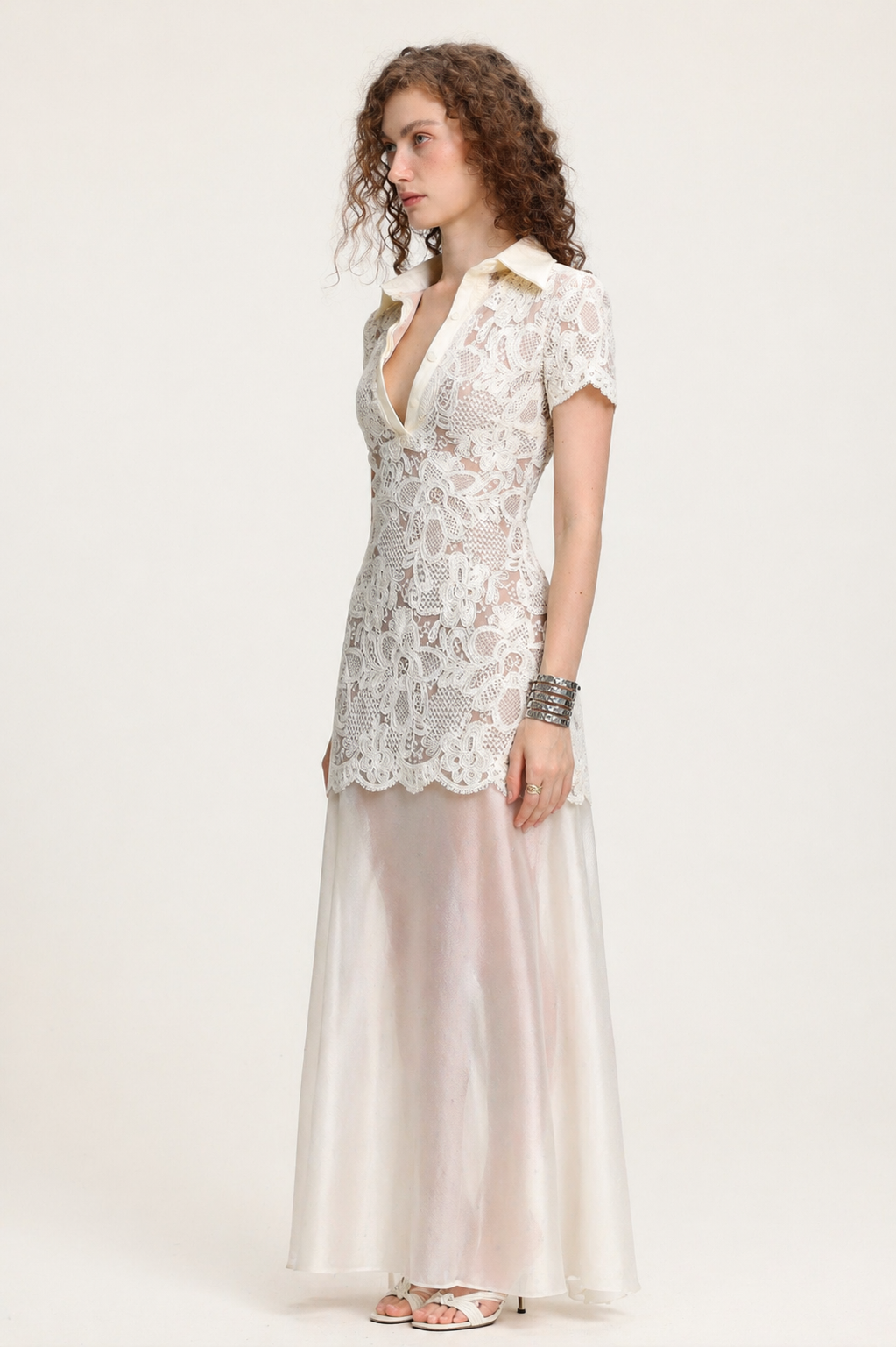 Locia Elegant Contour Buttoned Short Sleeve Lace Top and Satin Skirt