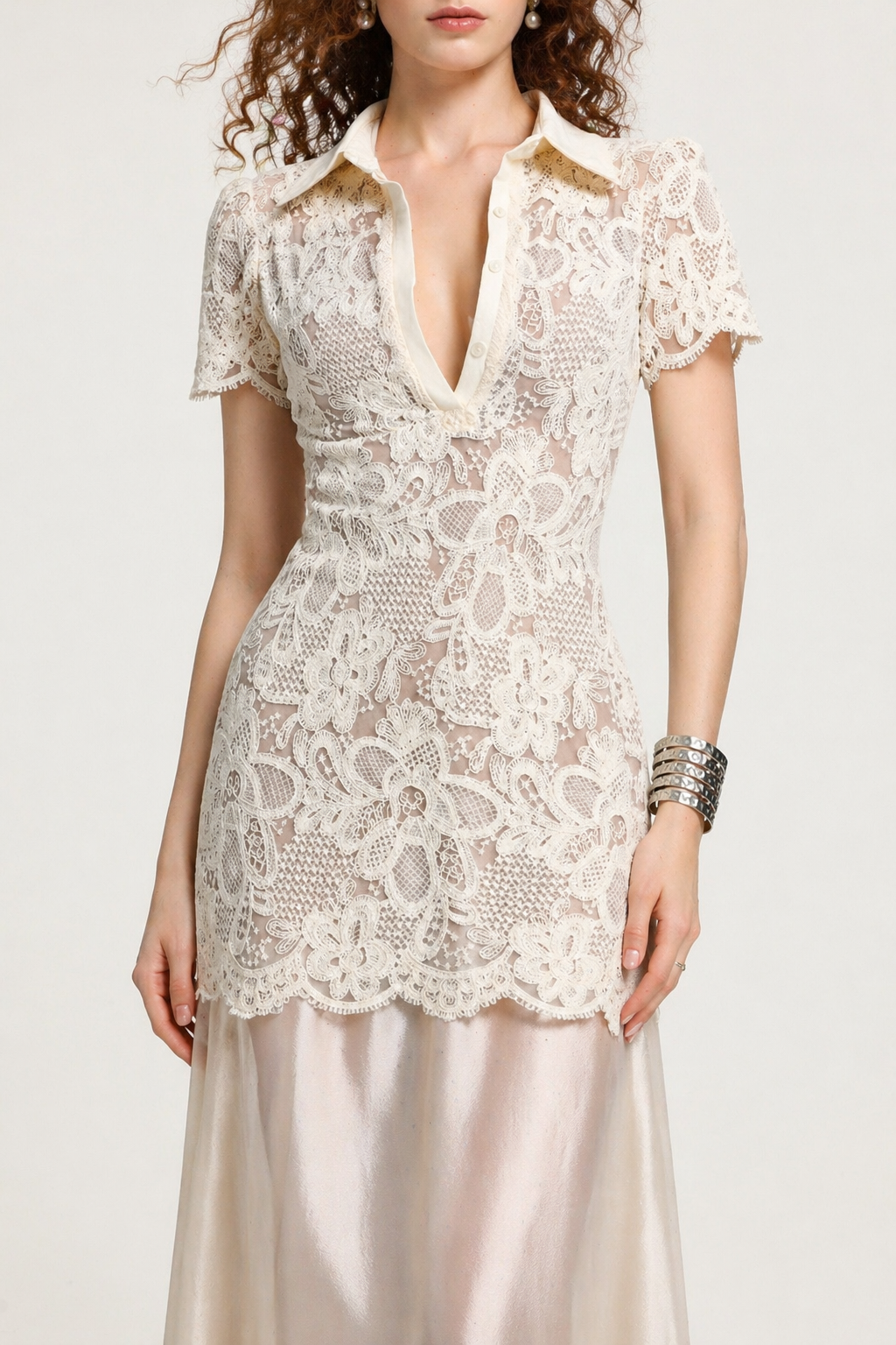 Locia Elegant Contour Buttoned Short Sleeve Lace Top and Satin Skirt