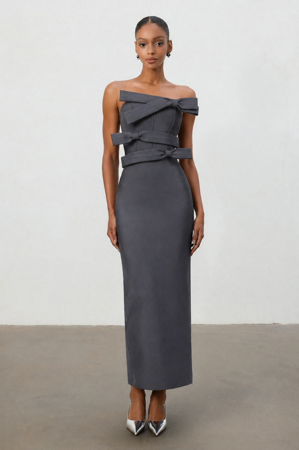 Yalia Chic Contour Strapless Bow Bandage Maxi Dress