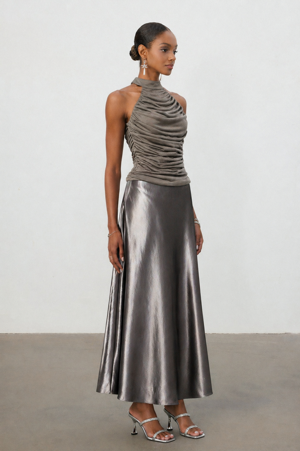 Sharian Chic Contour Halter Ruched Satin Top and Skirt Set