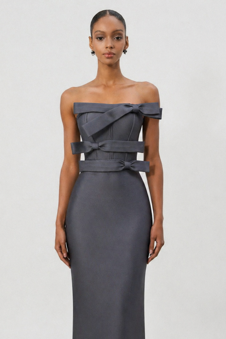 Yalia Chic Contour Strapless Bow Bandage Maxi Dress