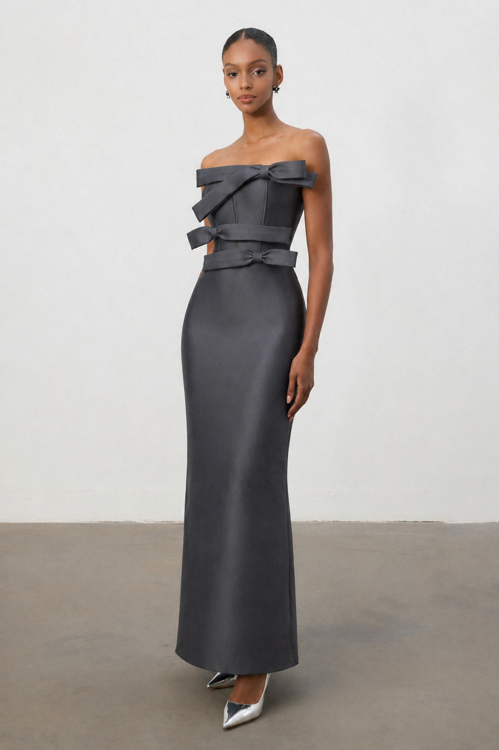 Yalia Chic Contour Strapless Bow Bandage Maxi Dress