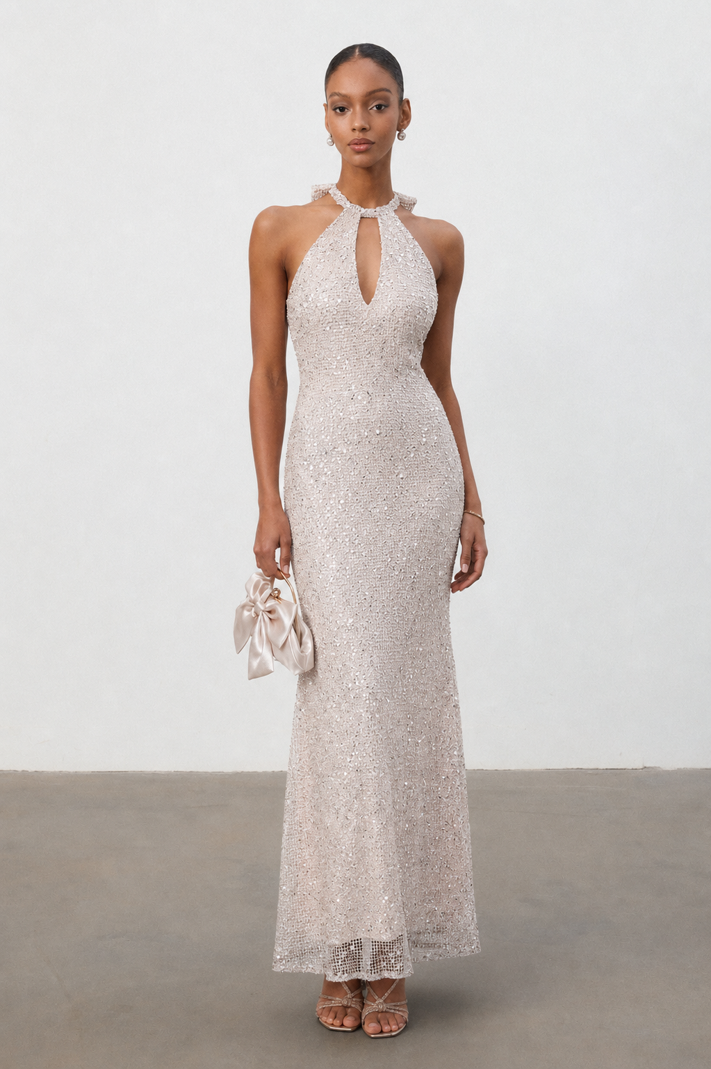 Saslim Chic Contour Halter Cut Out Sequin Maxi Dress