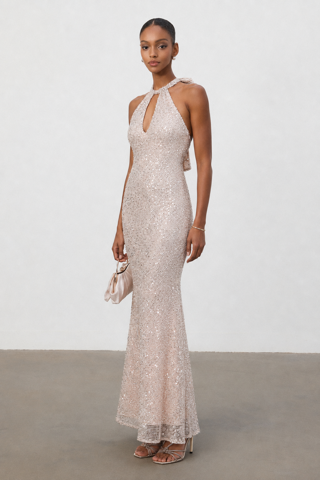Saslim Chic Contour Halter Cut Out Sequin Maxi Dress